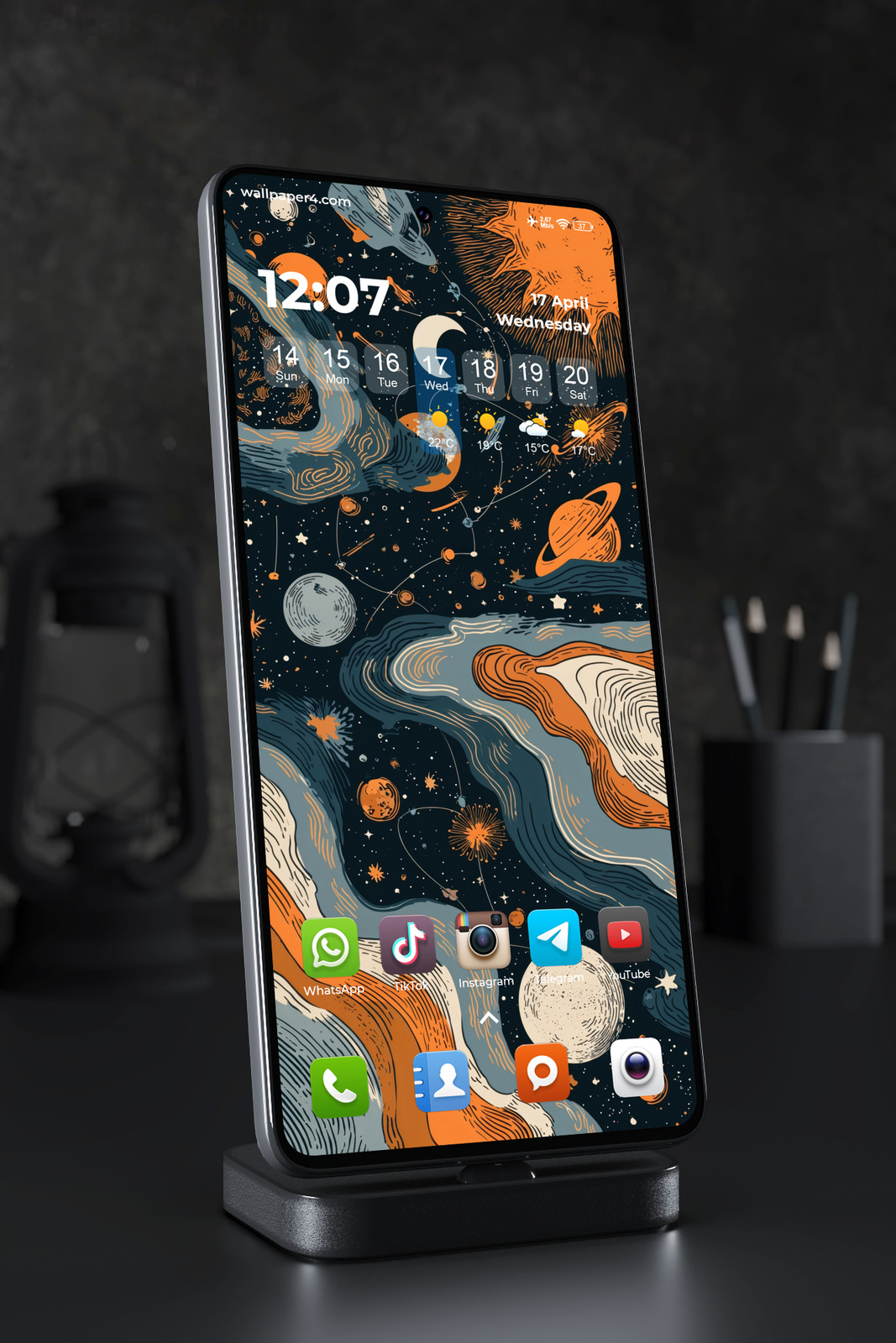 Phone Wallpaper 4537 - Vintage Celestial Space Art in Orange and Blue