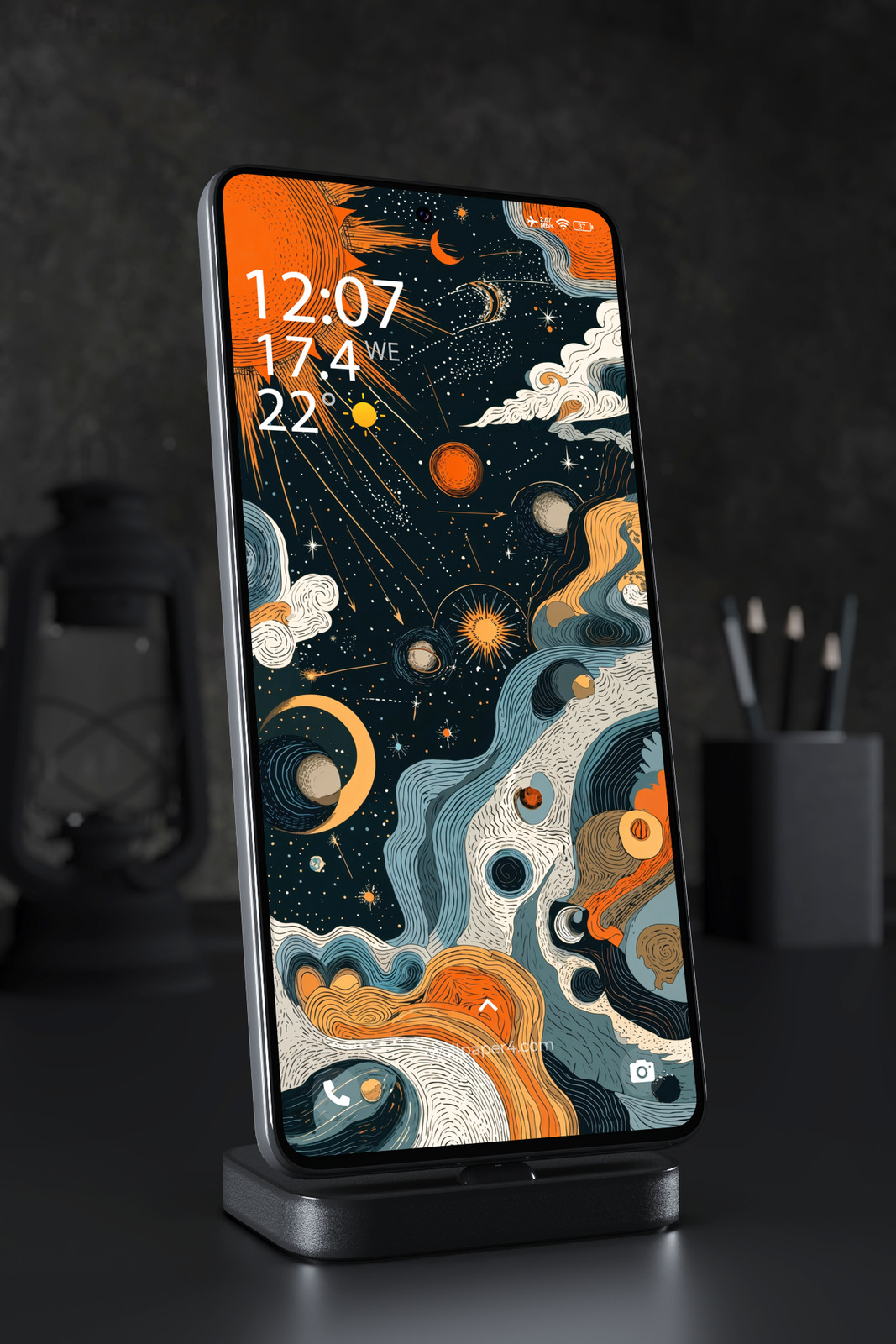 Mobile Wallpaper 4537 - Vintage Celestial Space Art in Orange and Blue