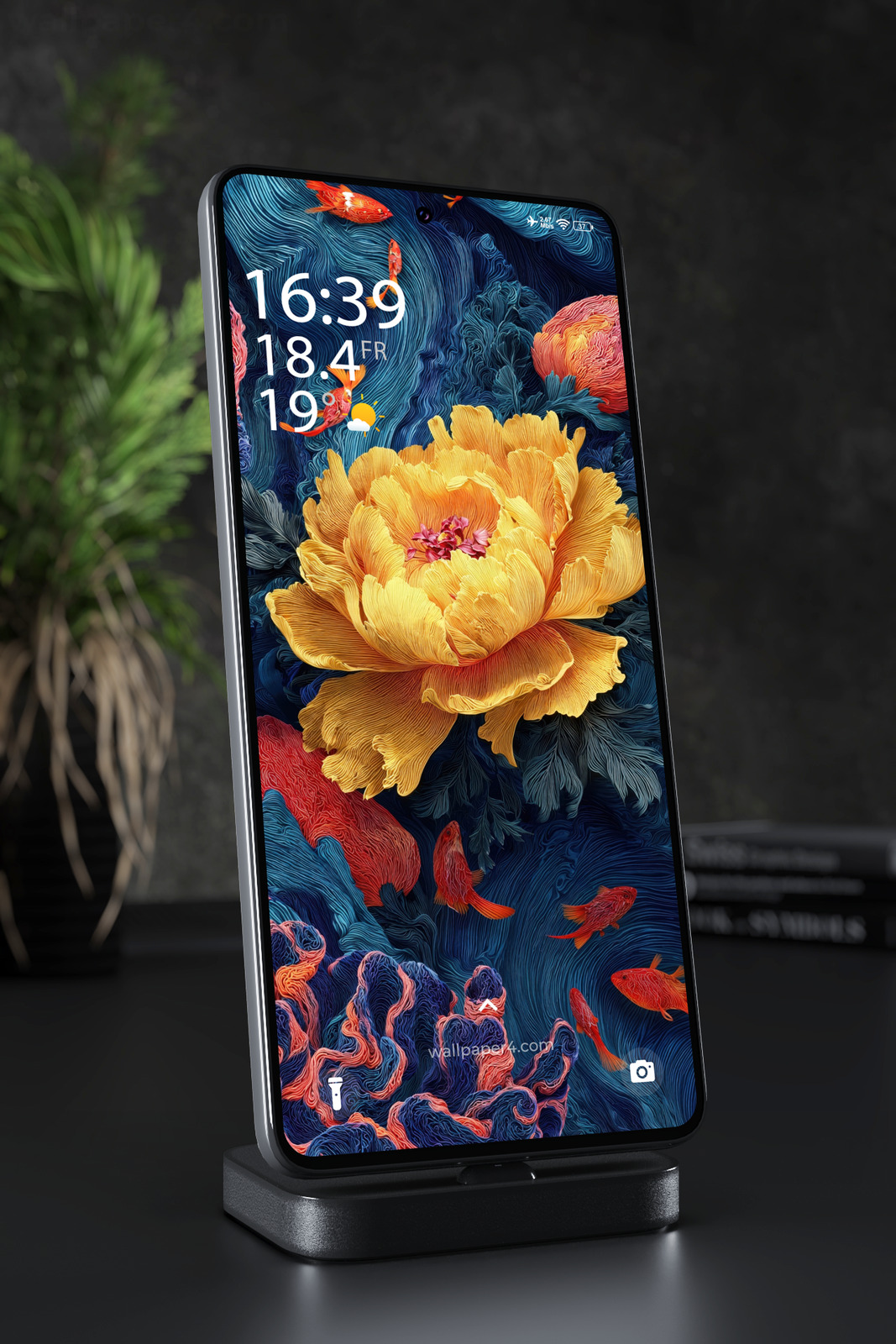 Phone Wallpaper 4544 - Golden Peony and Koi Underwater Fantasy Art
