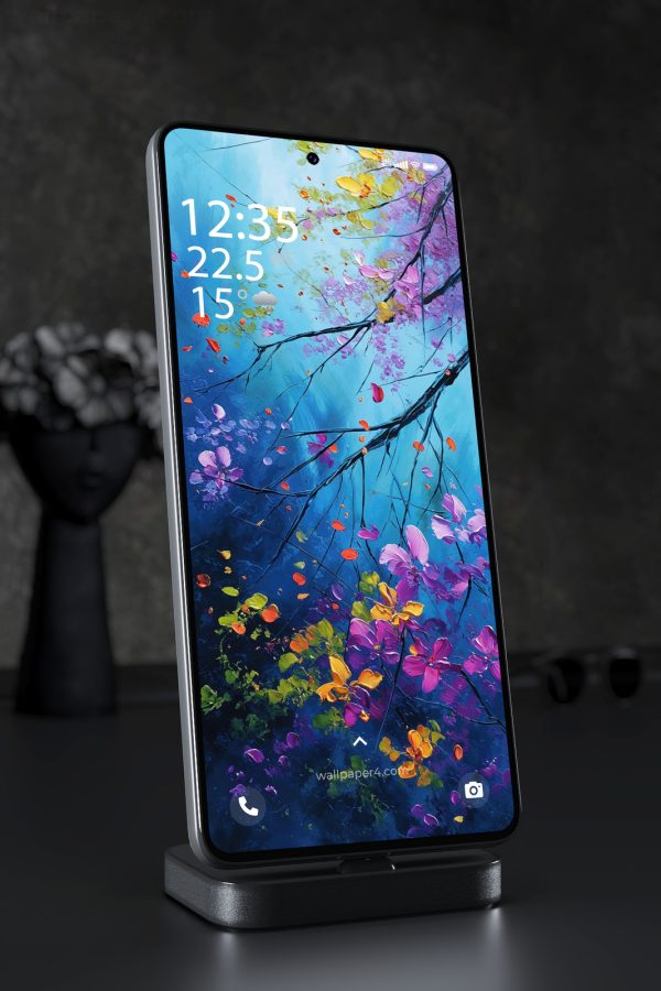 Phone Wallpaper 4552 - Vibrant Floral Branches on Blue Painted Canvas