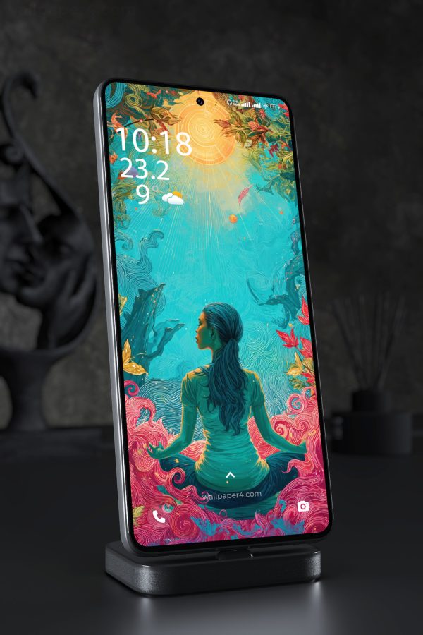 Phone Wallpaper 4567 - Meditating Woman in a Surreal Sunlit Garden