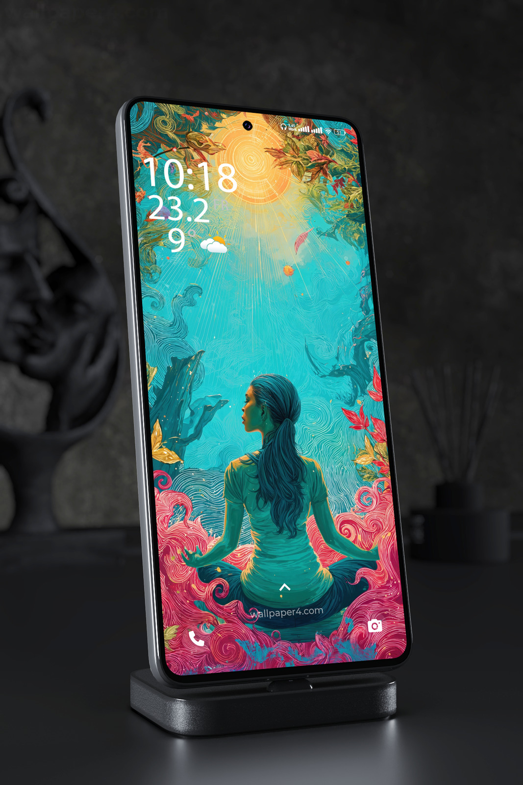 Phone Wallpaper 4567 - Meditating Woman in a Surreal Sunlit Garden