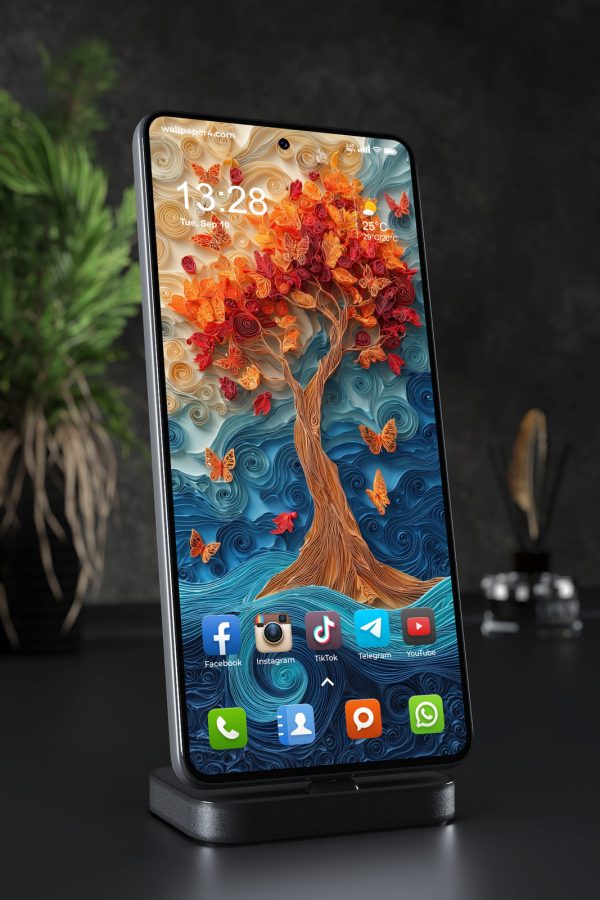 Phone Wallpaper 4591 - Quilled Autumn Tree with Butterflies and Waves