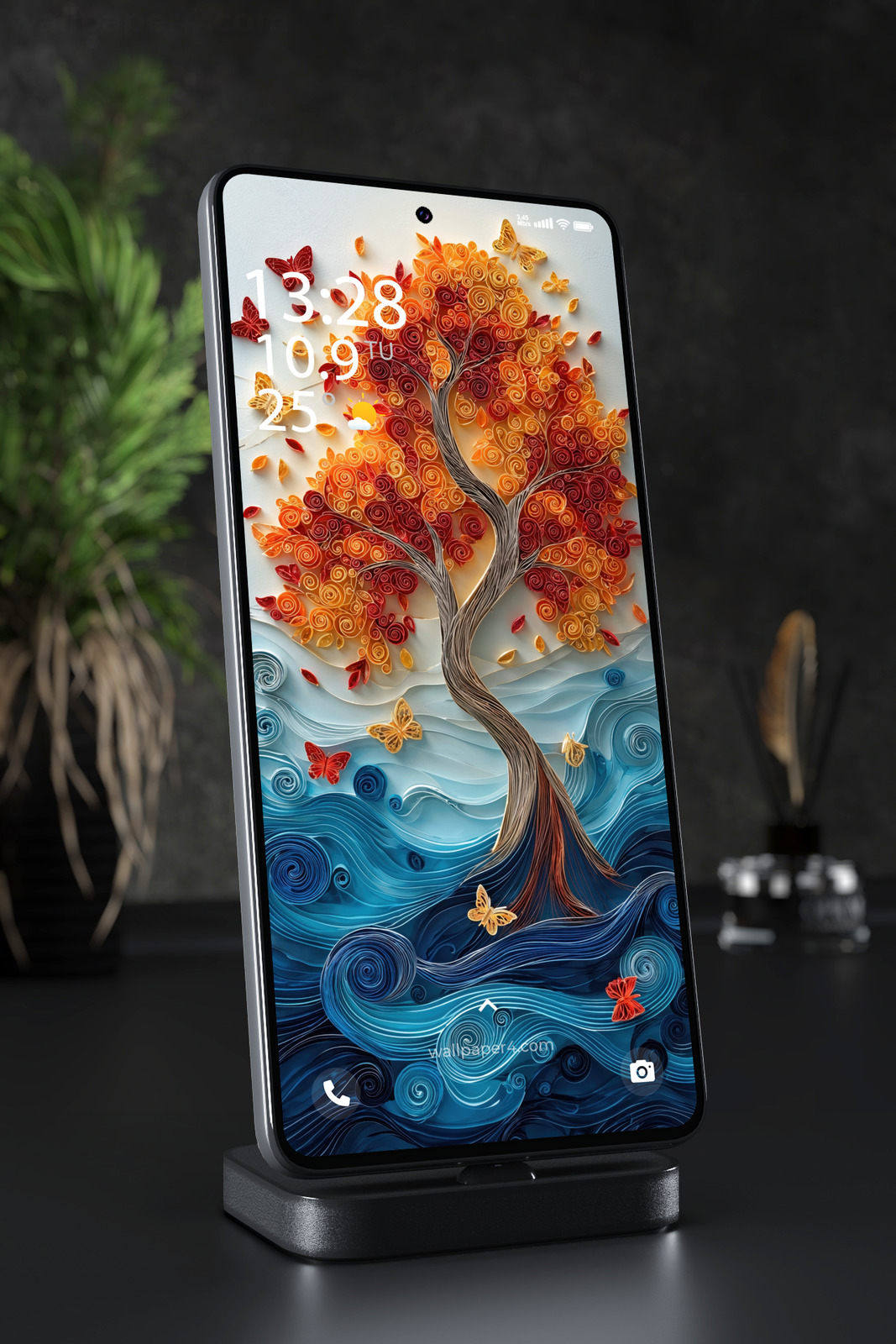 Mobile Wallpaper 4591 - Quilled Autumn Tree with Butterflies and Waves