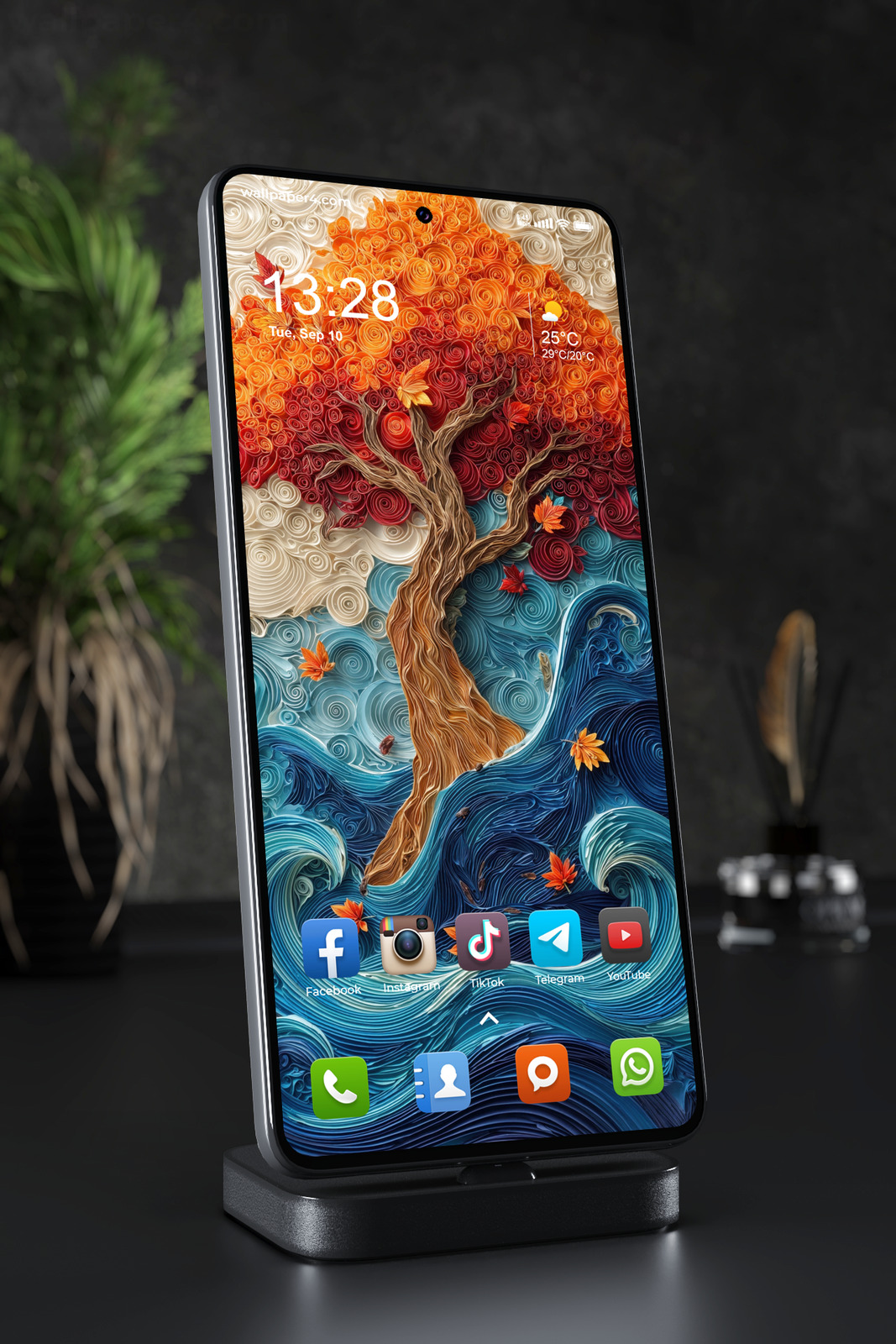 Mobile Wallpaper 4591 - Quilled Autumn Tree with Butterflies and Waves
