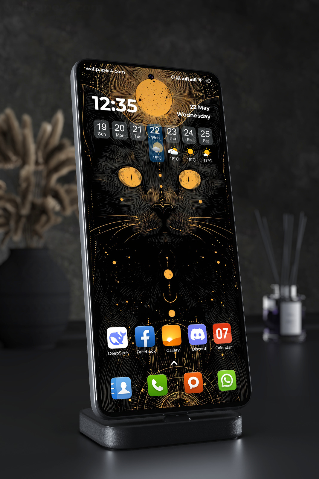 Phone Wallpaper 4607 - Mystic Black Cat with Golden Celestial Symbols