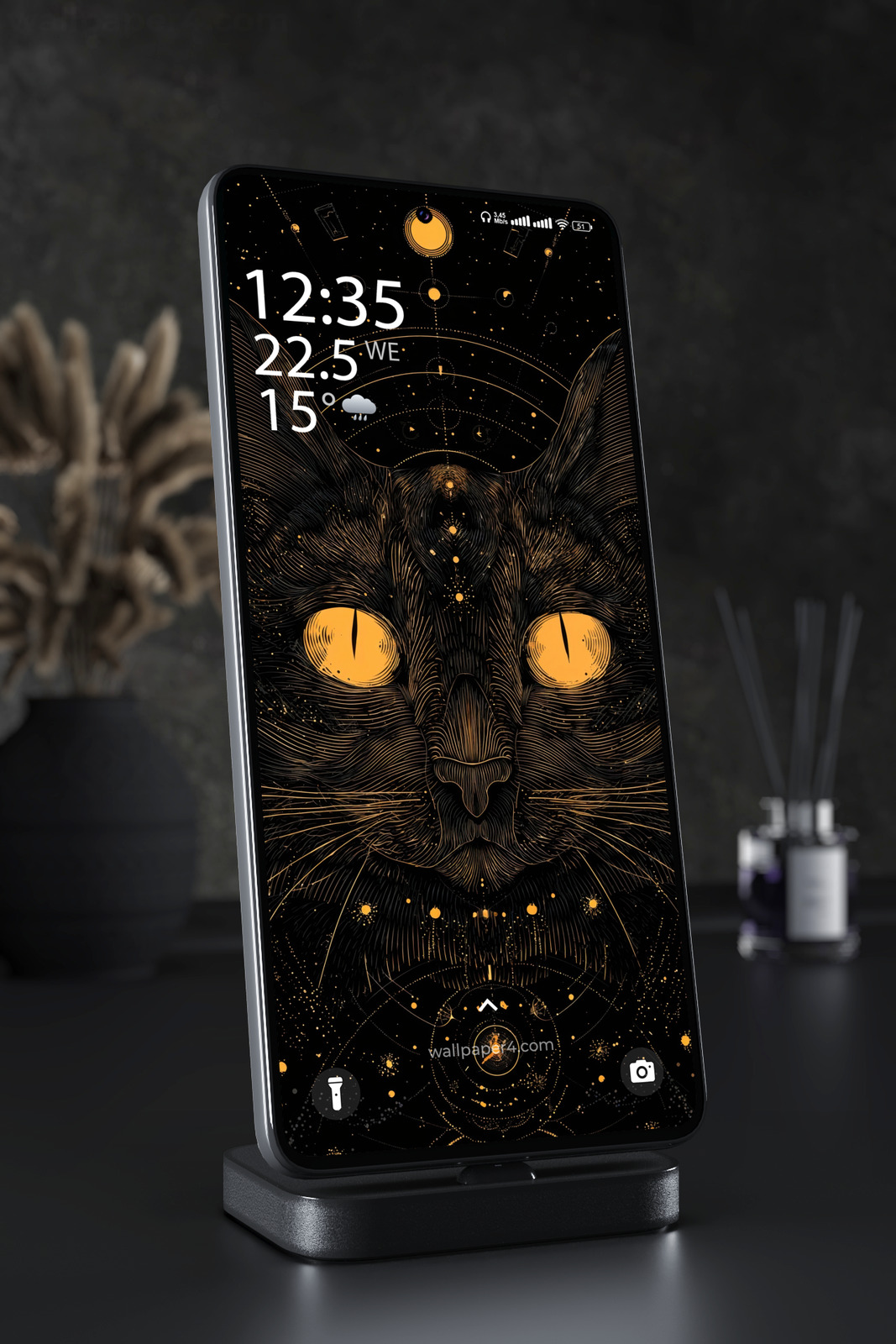 Mobile Wallpaper 4607 - Mystic Black Cat with Golden Celestial Symbols