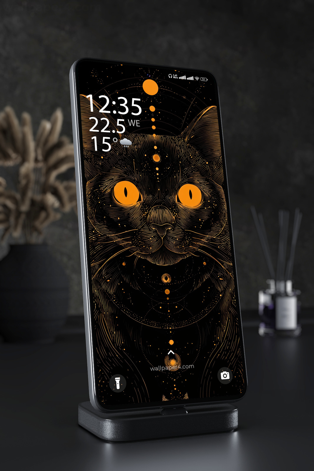 Mobile Wallpaper 4607 - Mystic Black Cat with Golden Celestial Symbols