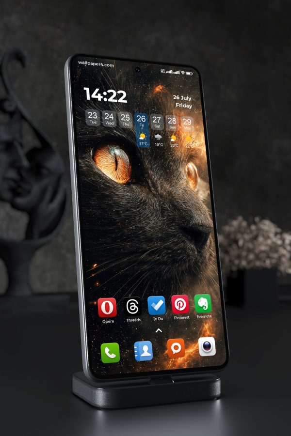 Phone Wallpaper 4624 - Cosmic Black Cat with Fiery Golden Eyes