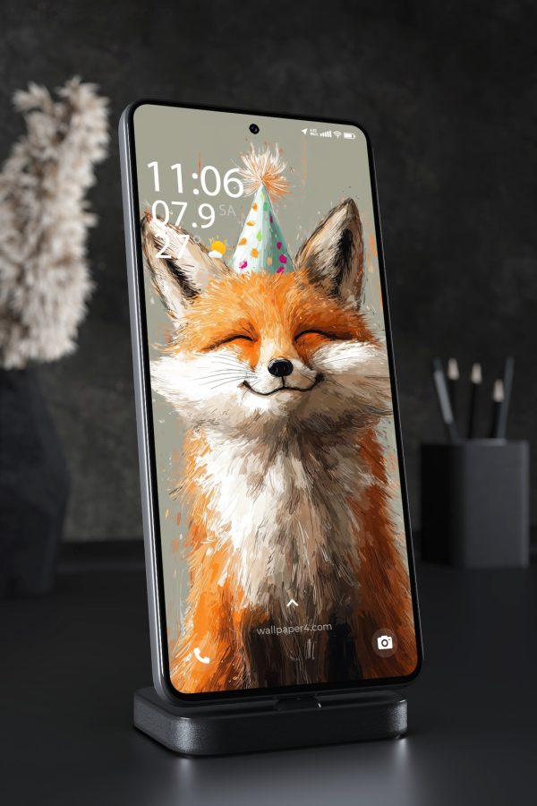 Phone Wallpaper 4631 - Happy Fox in Party Hat Cute Animal Wallpaper