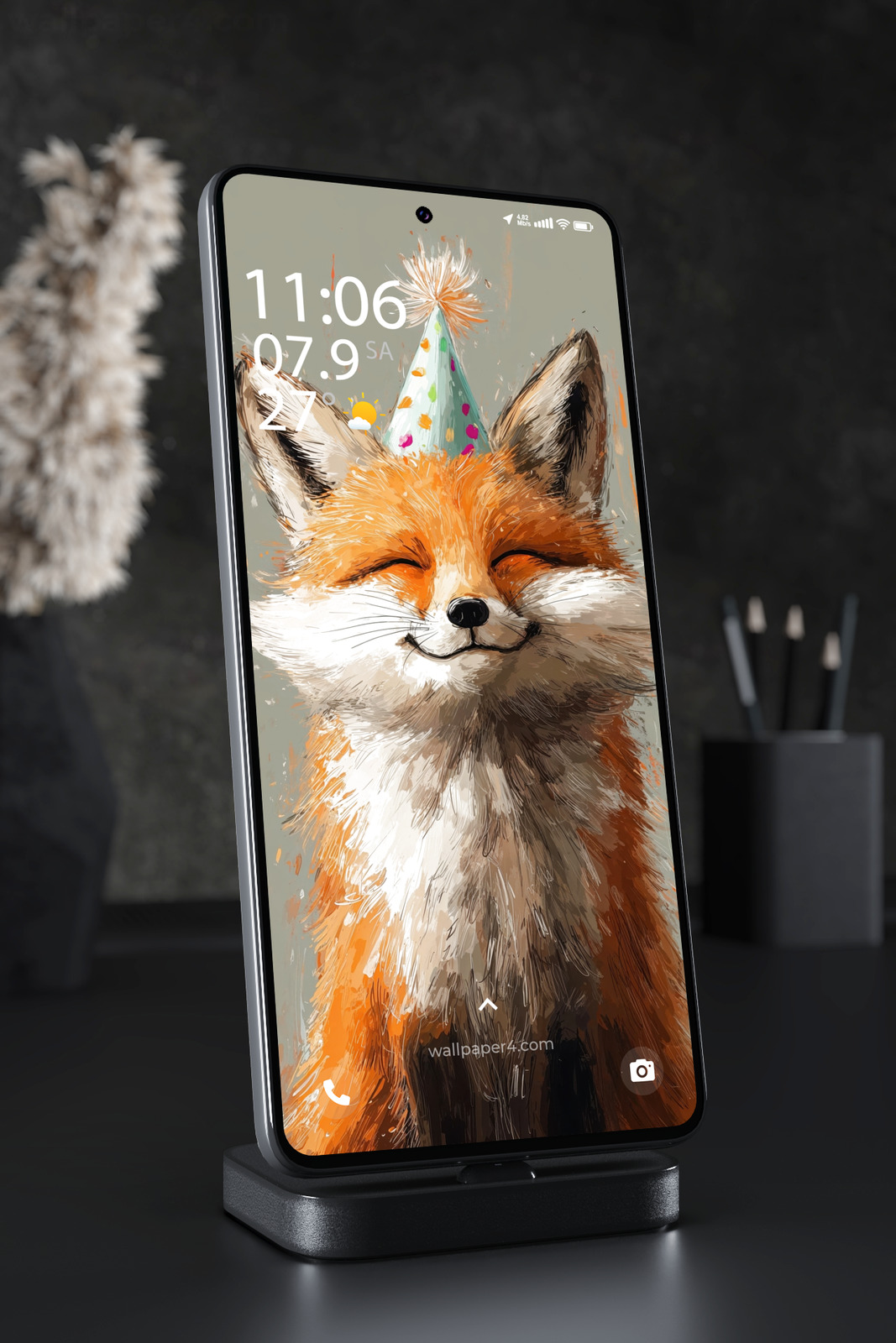 Phone Wallpaper 4631 - Happy Fox in Party Hat Cute Animal Wallpaper