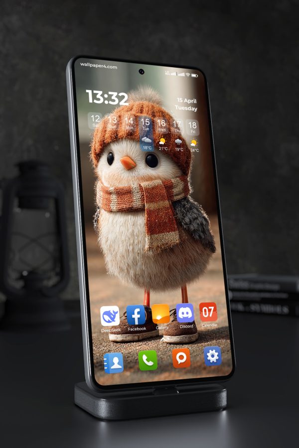 Phone Wallpaper 4639 - Cute Winter Bird in Cozy Knitted Hat and Scarf