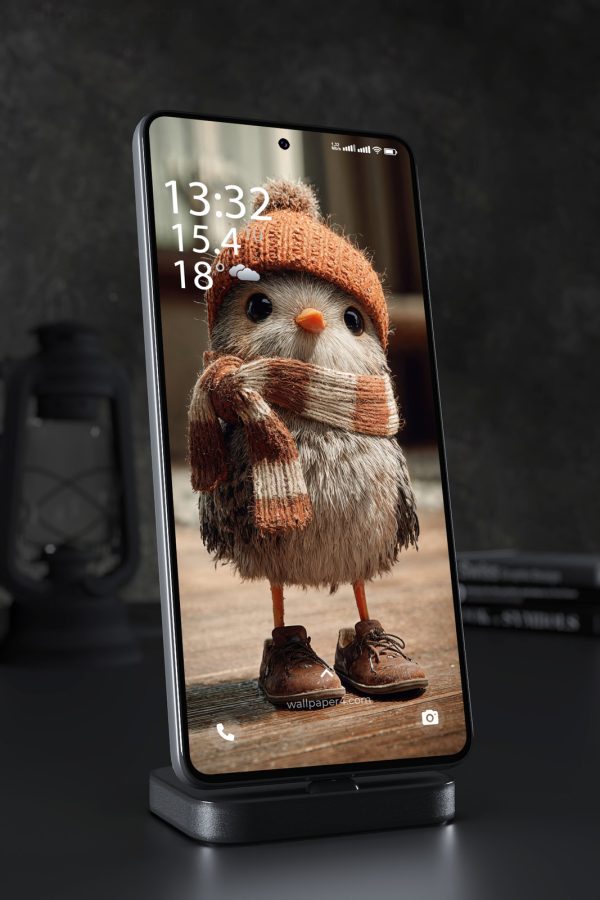 Mobile Wallpaper 4639 - Cute Winter Bird in Cozy Knitted Hat and Scarf
