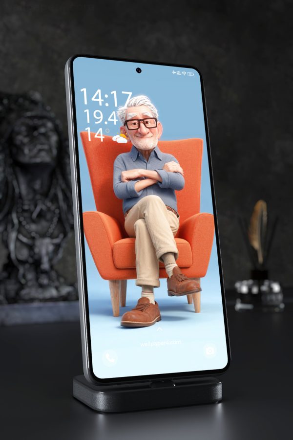Phone Wallpaper 4644 - Cheerful Elderly Man in Orange Armchair
