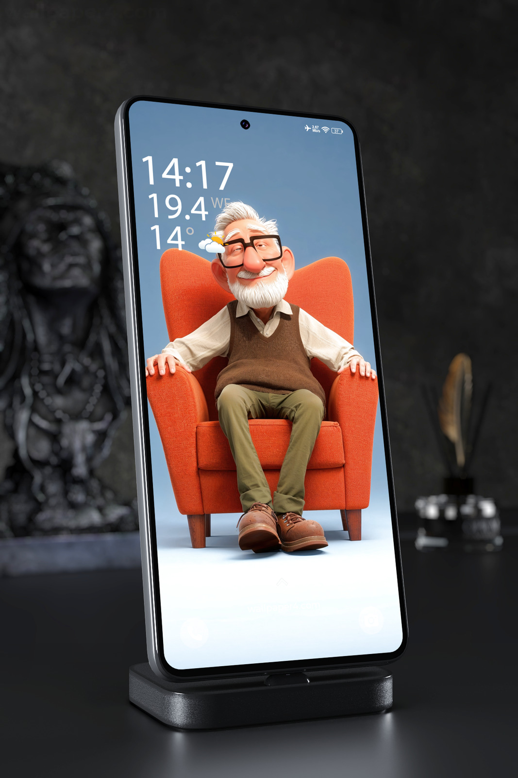 Mobile Wallpaper 4644 - Cheerful Elderly Man in Orange Armchair