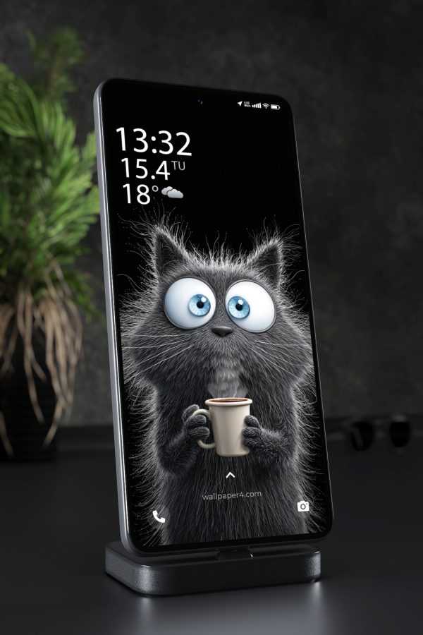 Phone Wallpaper 4648 - Cute Fluffy Cat With Coffee Phone Background