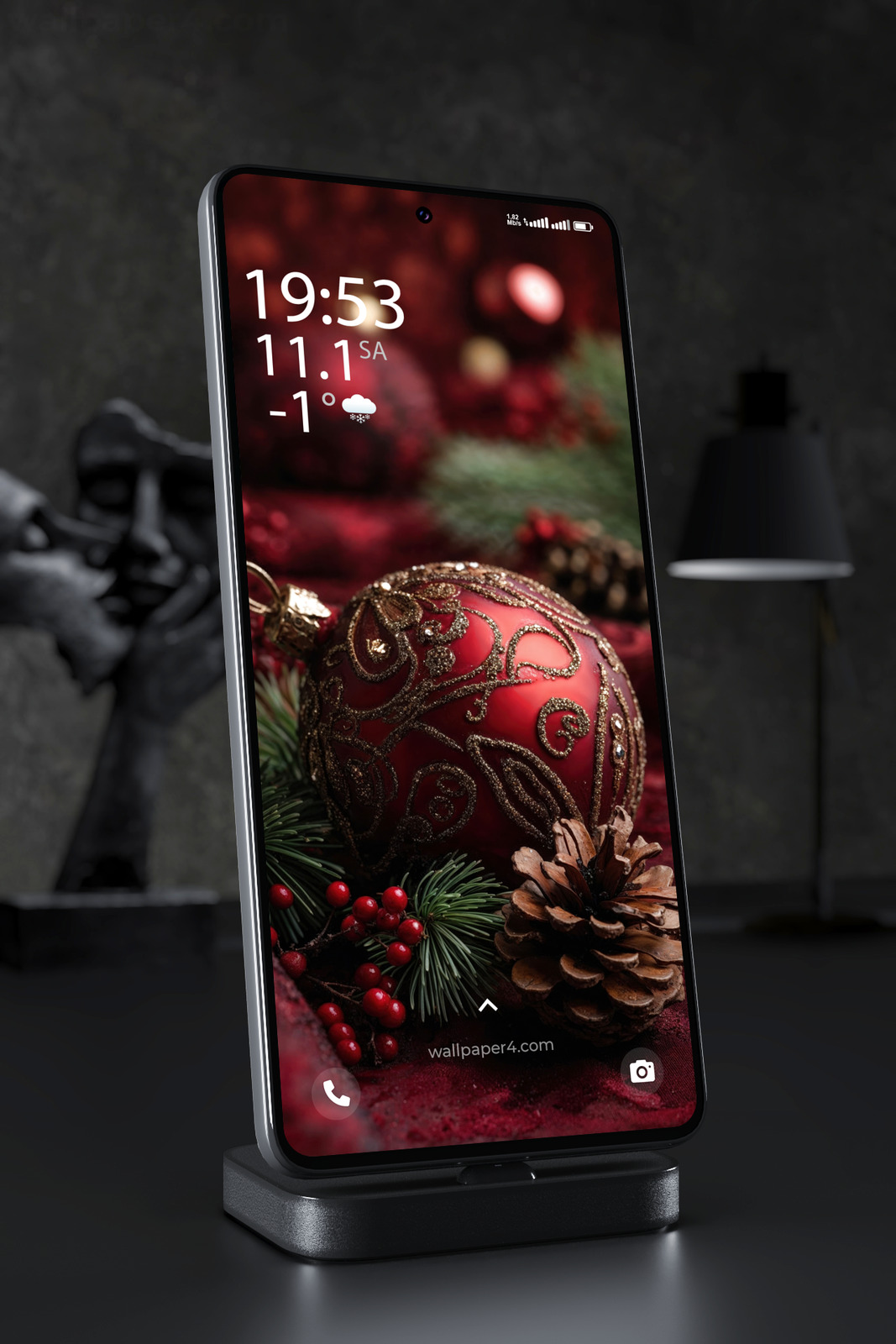 Mobile Wallpaper 4655 - Red Christmas Ornament with Pine Cones and Fir