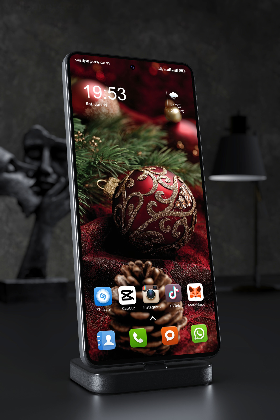 Mobile Wallpaper 4655 - Red Christmas Ornament with Pine Cones and Fir