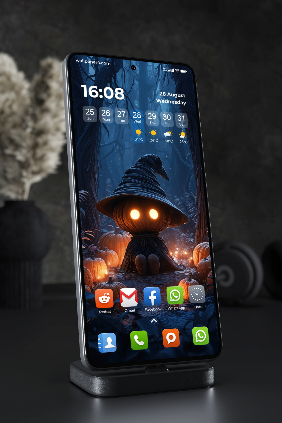 Phone Wallpaper 4673 - Cute Spooky Witch in a Glowing Halloween Forest
