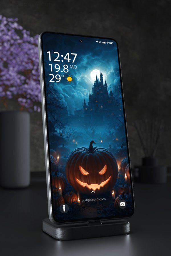 Mobile Wallpaper 4678 - Spooky Halloween Pumpkin Castle Moonlit Scene