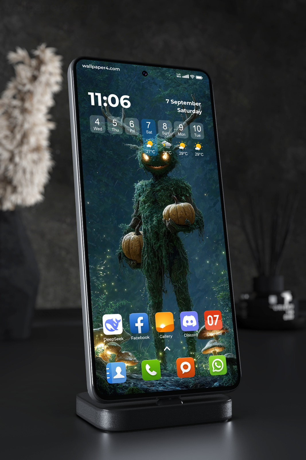 Phone Wallpaper 4689 - Mystic Forest Spirit with Pumpkins and Glowing Eyes