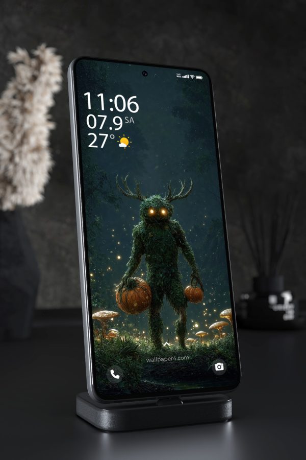 Mobile Wallpaper 4689 - Mystic Forest Spirit with Pumpkins and Glowing Eyes