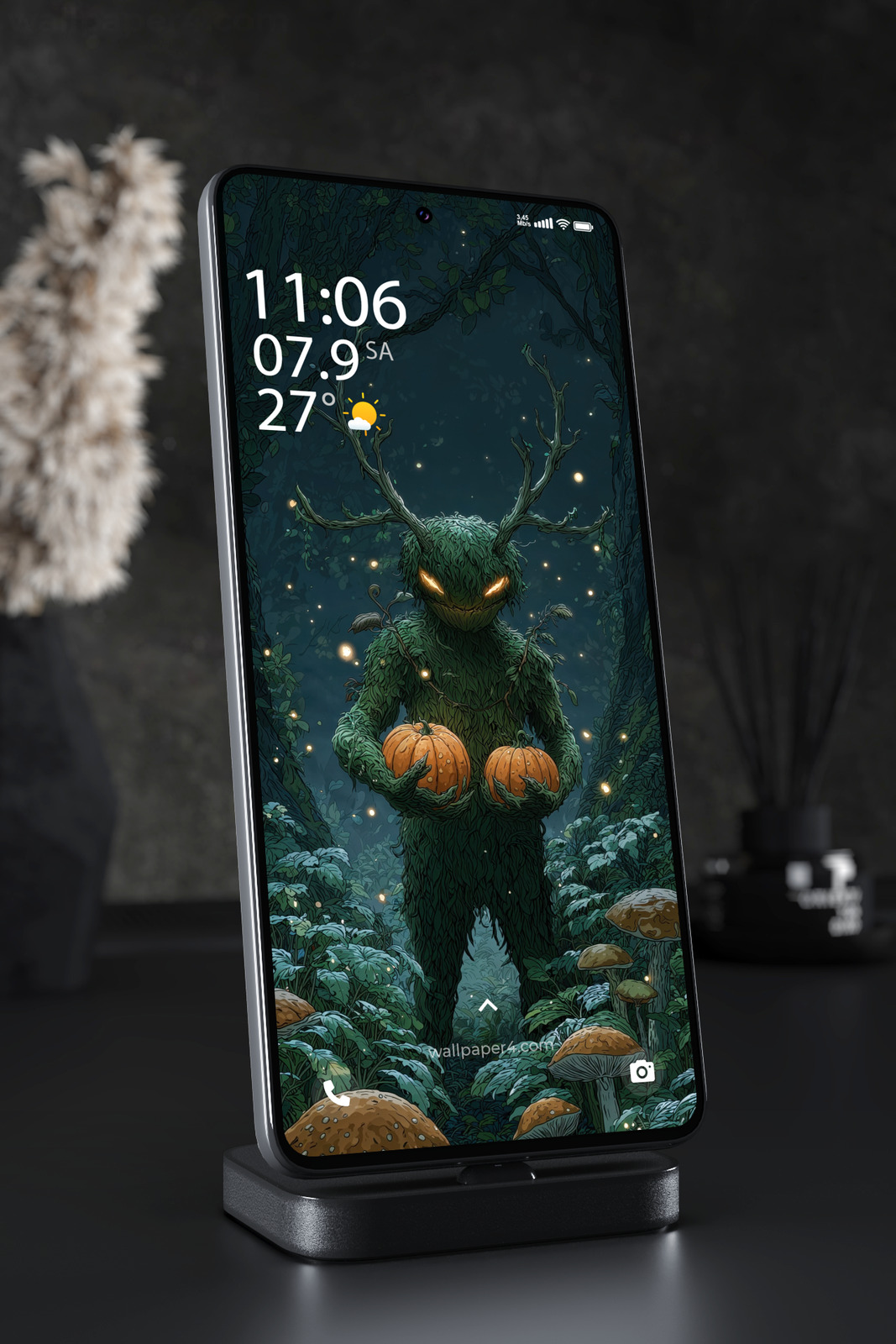 Mobile Wallpaper 4689 - Mystic Forest Spirit with Pumpkins and Glowing Eyes