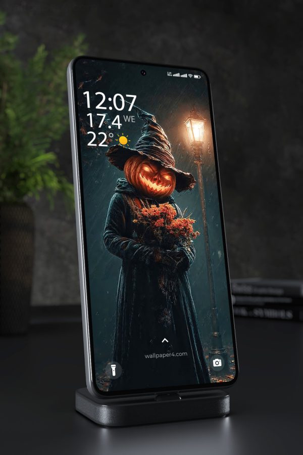 Phone Wallpaper 4693 - Haunted Pumpkin Witch on a Rainy Halloween Night