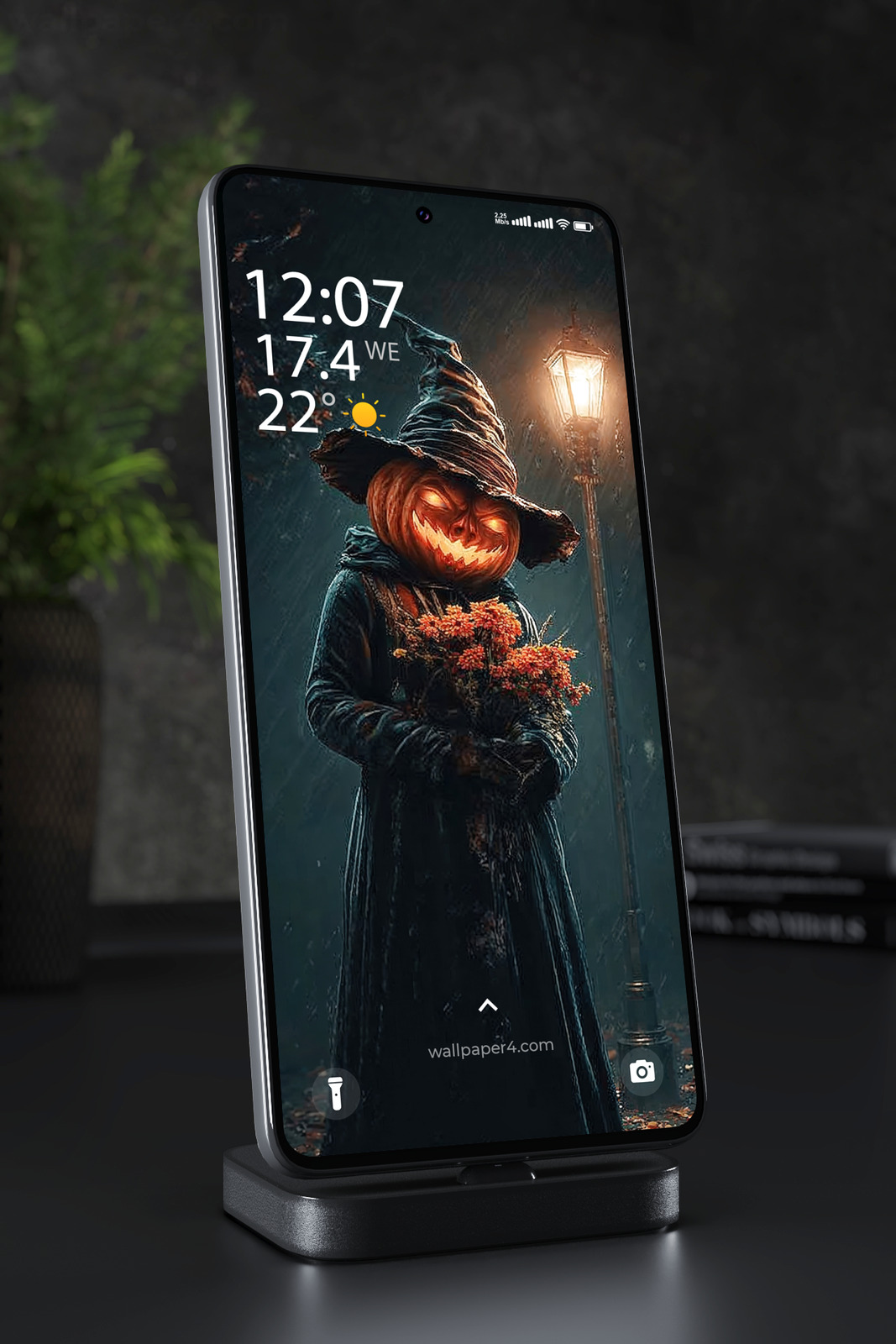 Phone Wallpaper 4693 - Haunted Pumpkin Witch on a Rainy Halloween Night