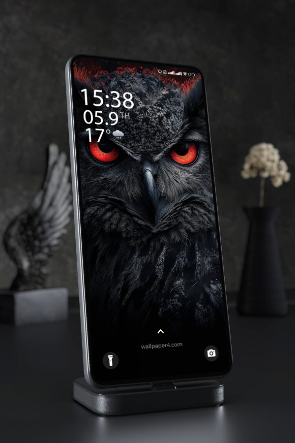 Phone Wallpaper 4719 - Dark Owl Portrait with Fiery Red Eyes Design