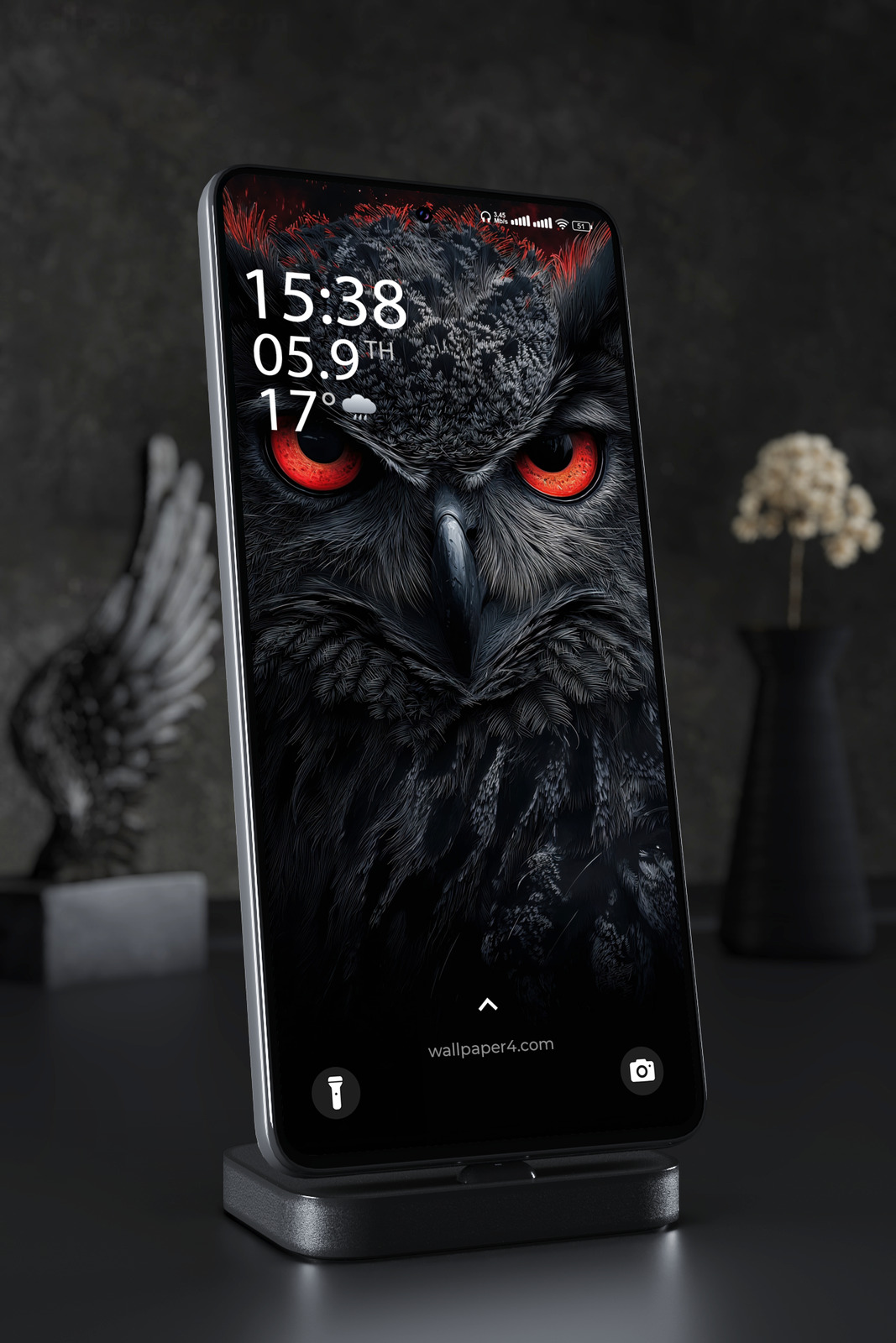 Phone Wallpaper 4719 - Dark Owl Portrait with Fiery Red Eyes Design