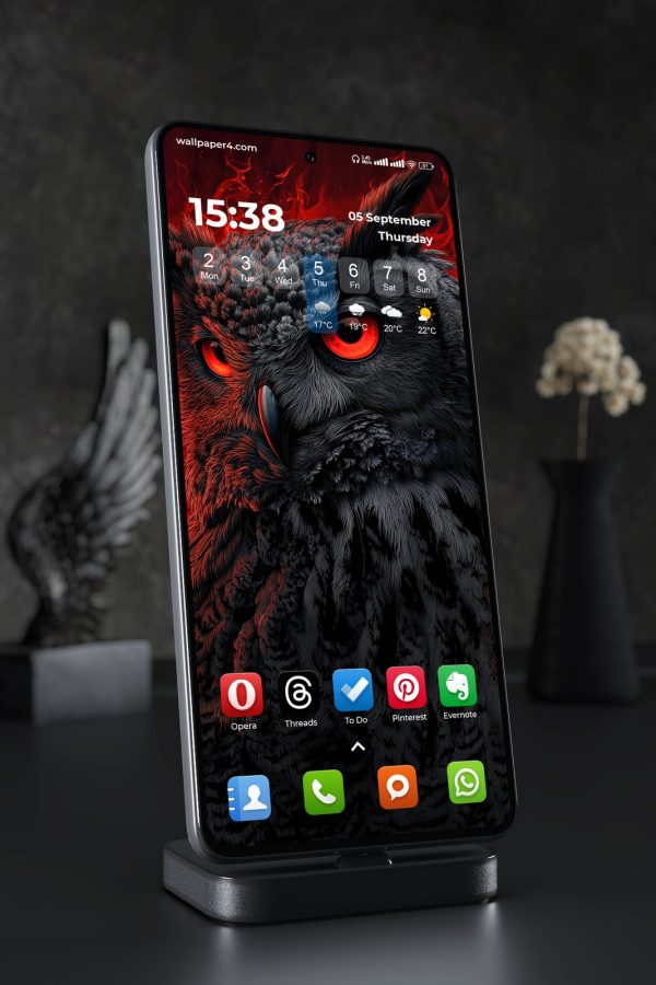 Mobile Wallpaper 4719 - Dark Owl Portrait with Fiery Red Eyes Design