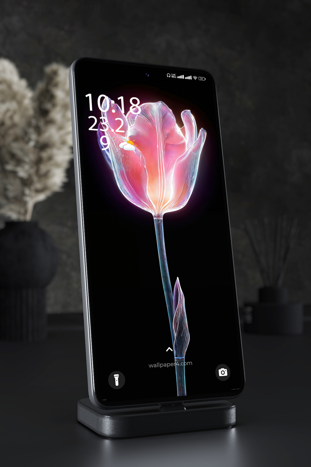 Phone Wallpaper 4729 - Glowing Neon Tulip Flower on Black Background
