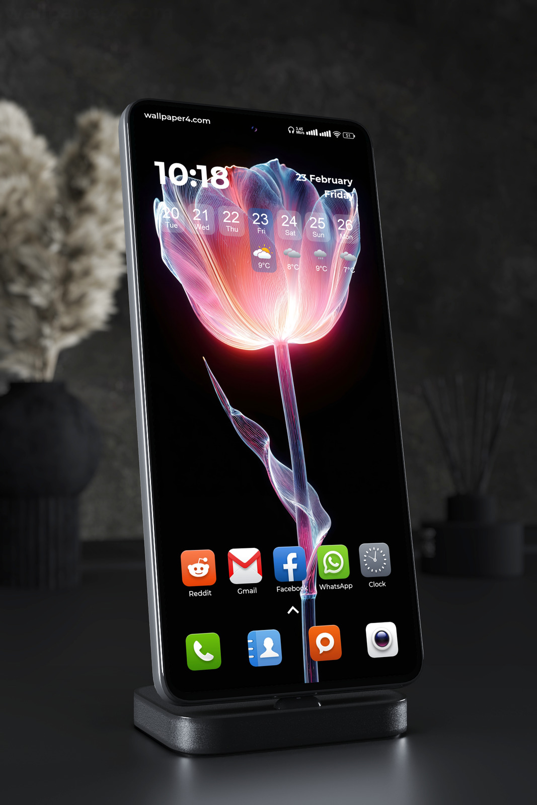 Mobile Wallpaper 4729 - Glowing Neon Tulip Flower on Black Background