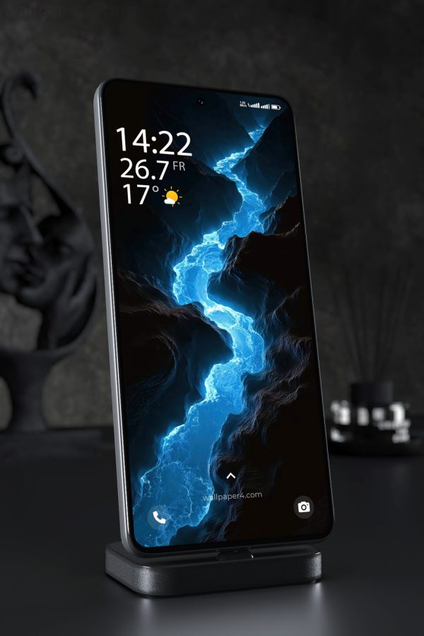 Phone Wallpaper 4733 - Glowing Blue River in a Dark Fantasy Canyon