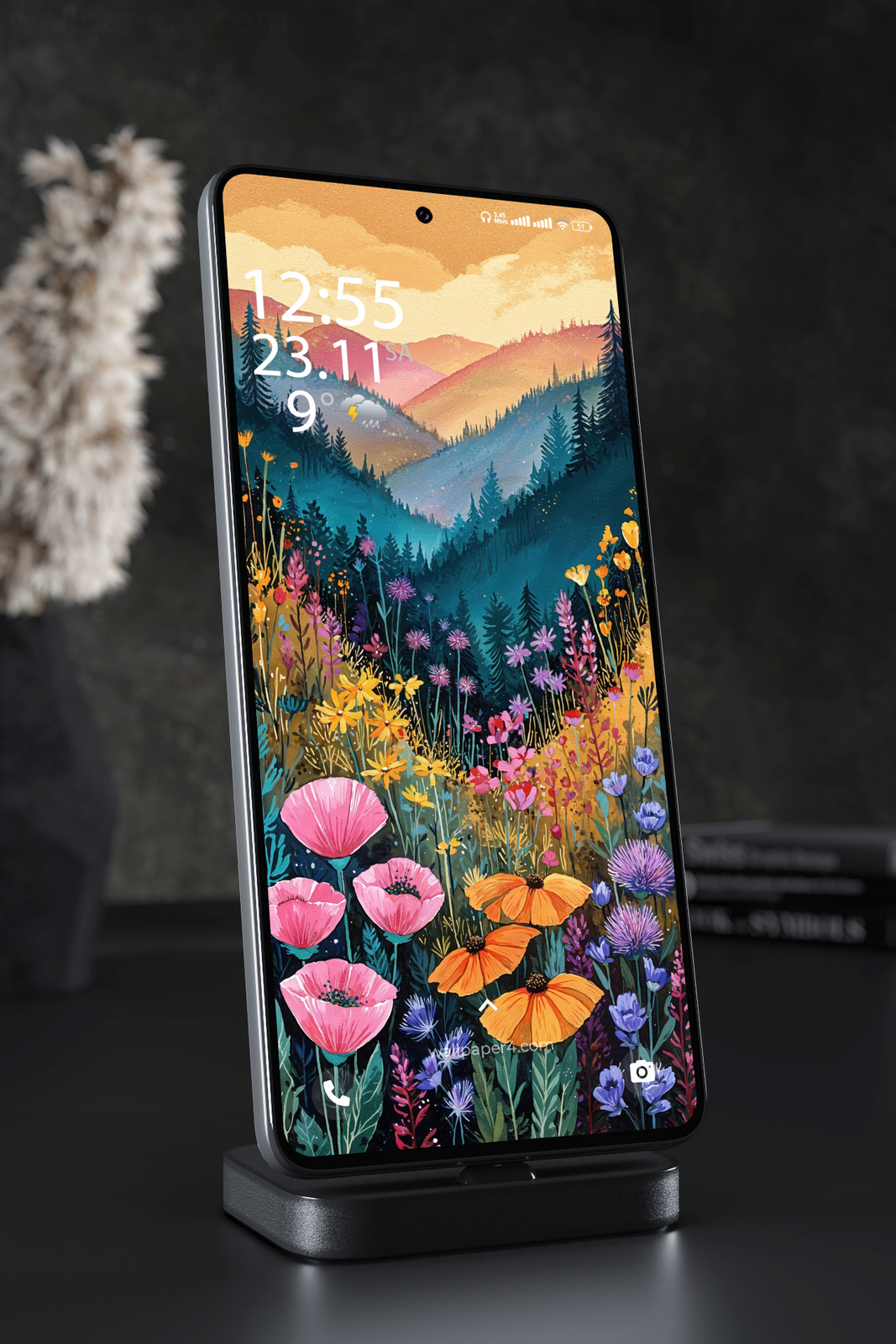 Phone Wallpaper 4737 - Vibrant Wildflower Mountain Landscape Art