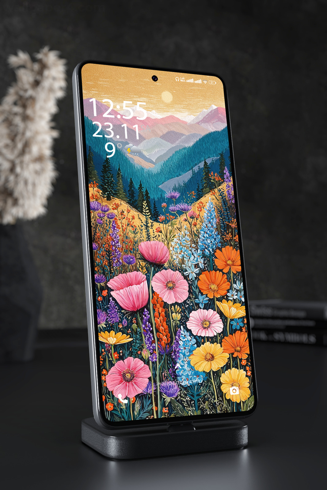 Mobile Wallpaper 4737 - Vibrant Wildflower Mountain Landscape Art