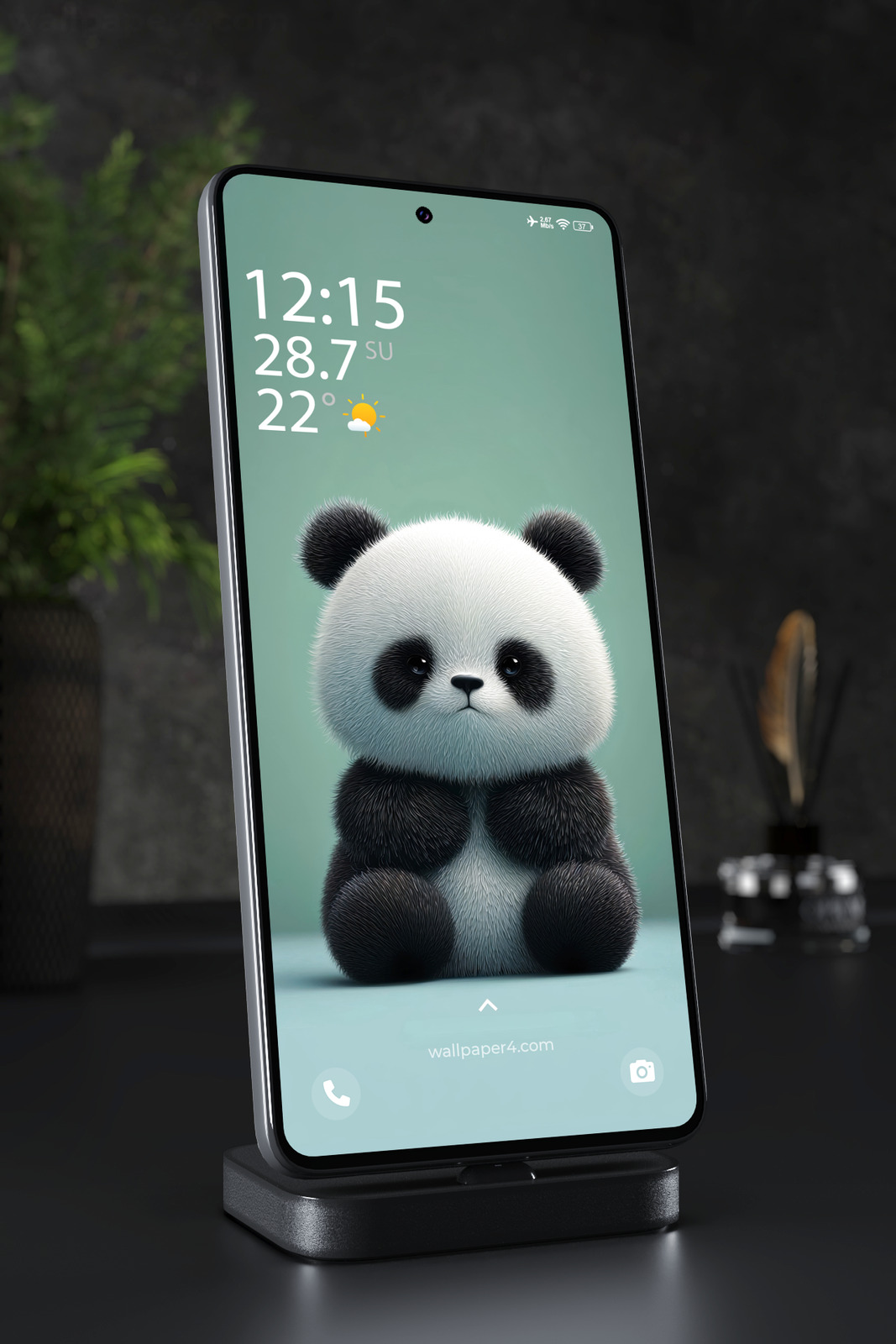 Phone Wallpaper 4741 - Cute Fluffy Baby Panda on Soft Teal Background