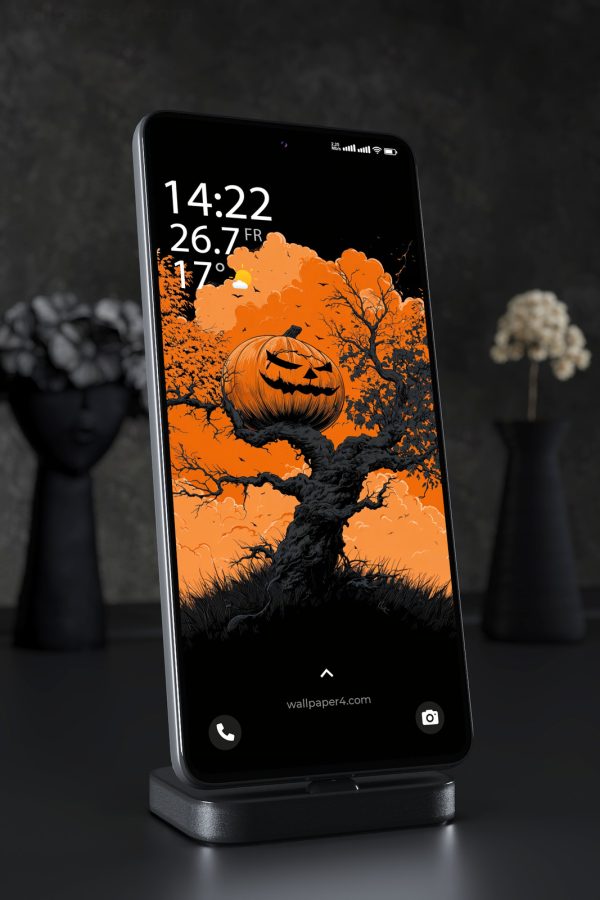 Phone Wallpaper 4763 - Halloween Pumpkin Tree Dark Orange Illustration