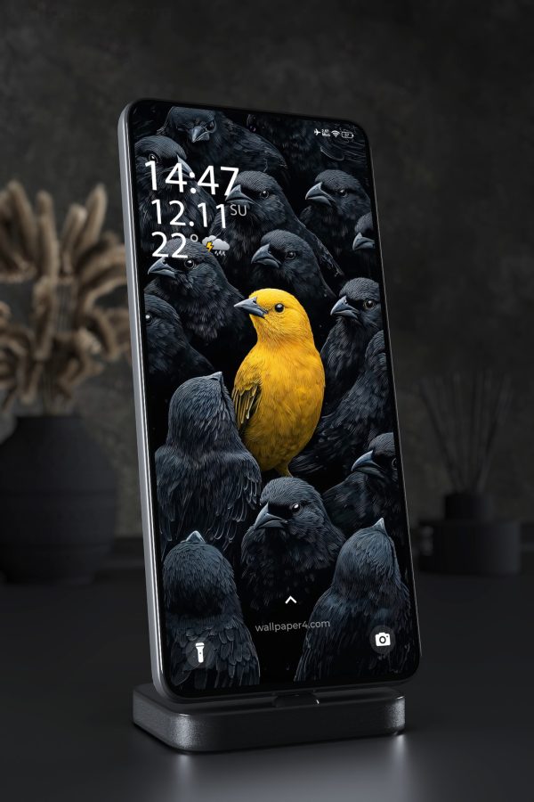 Phone Wallpaper 4769 - Yellow Bird Among Dark Ravens Animal Art