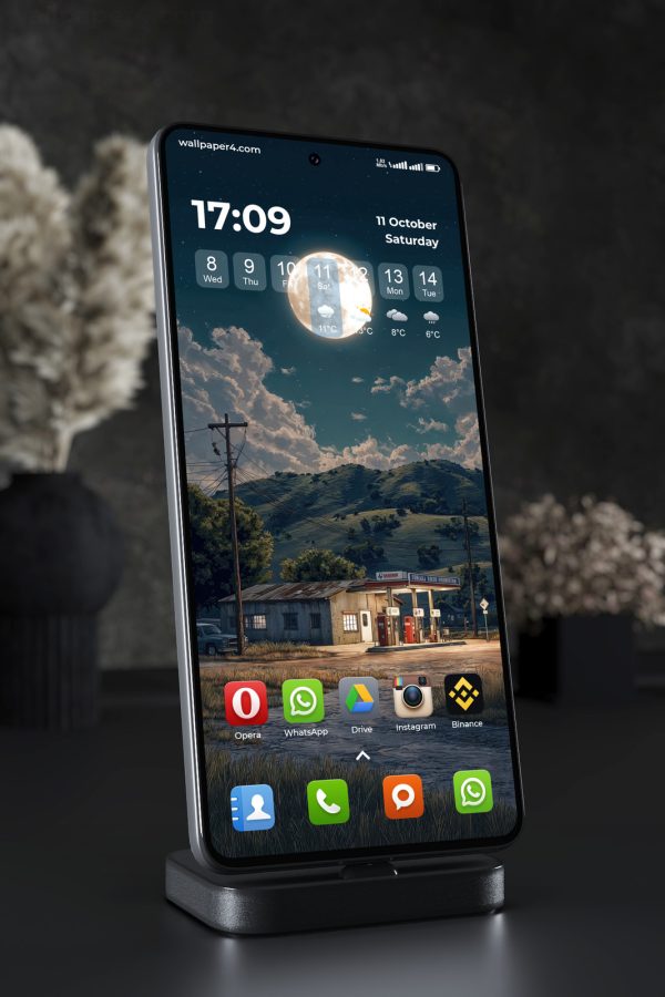 Phone Wallpaper 4773 - Full Moon Gas Station in Mountain Night Sky