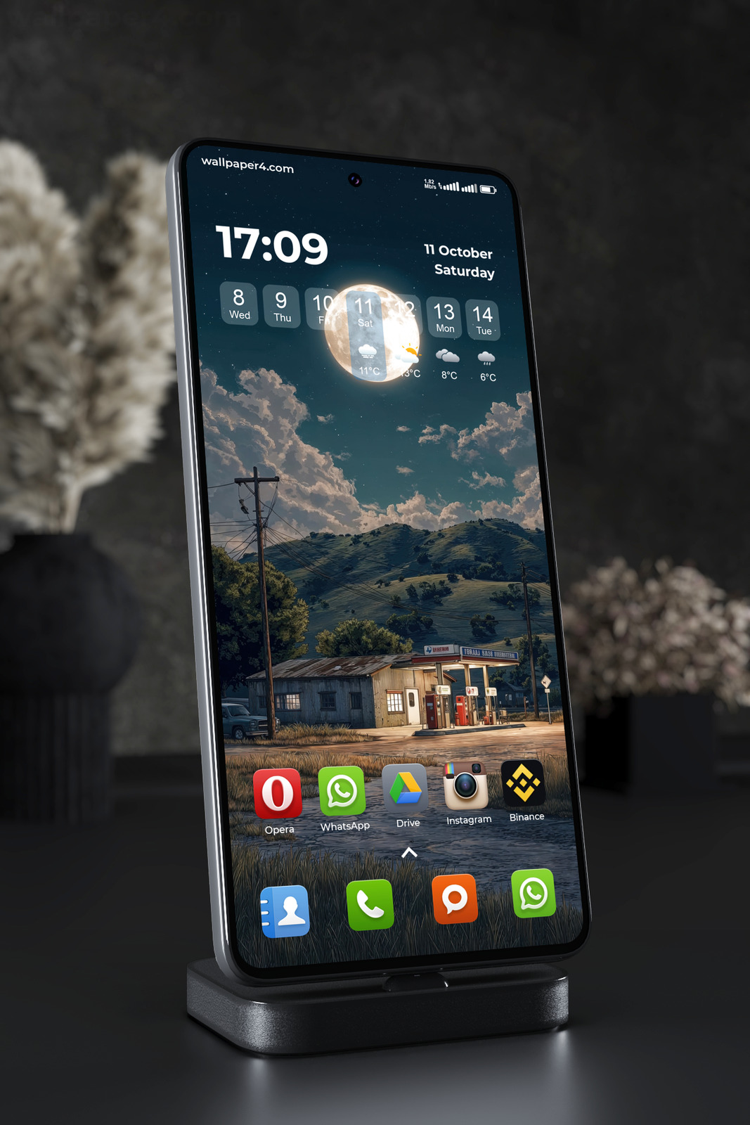 Phone Wallpaper 4773 - Full Moon Gas Station in Mountain Night Sky