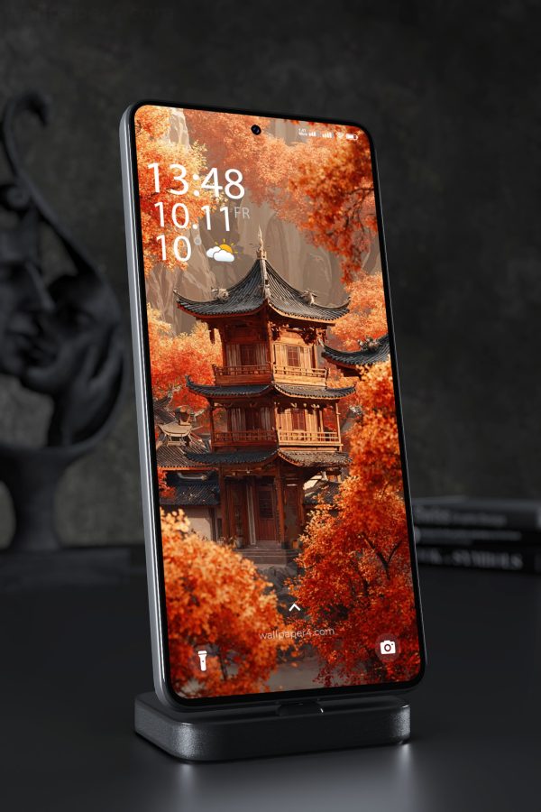Phone Wallpaper 4779 - Golden Autumn Temple in Mountain Forest Scene