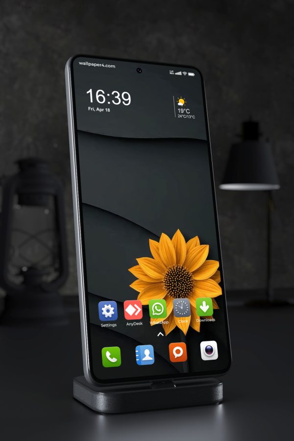 Phone Wallpaper 4787 - Yellow Sunflower on Dark Abstract Black Waves
