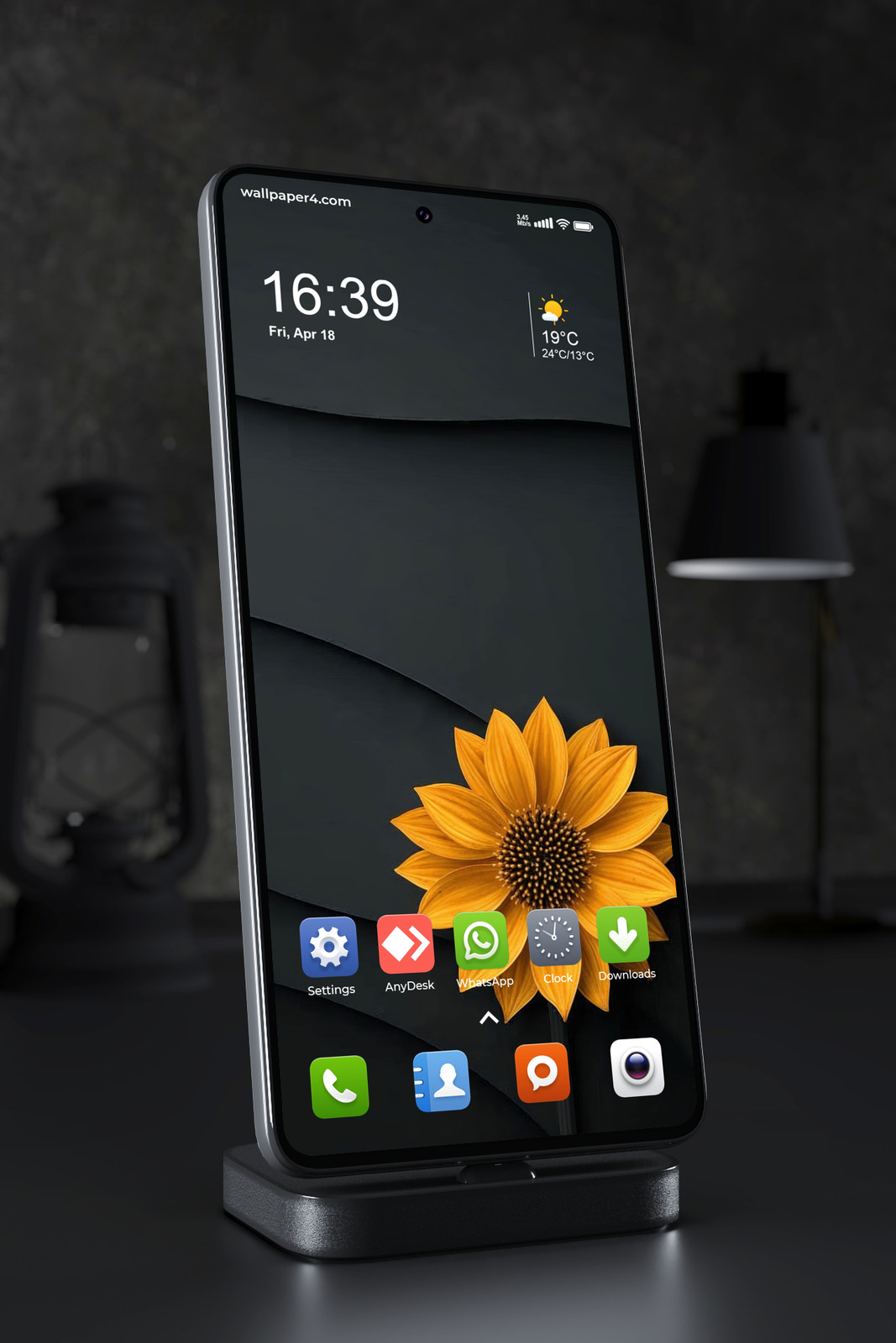 Phone Wallpaper 4787 - Yellow Sunflower on Dark Abstract Black Waves