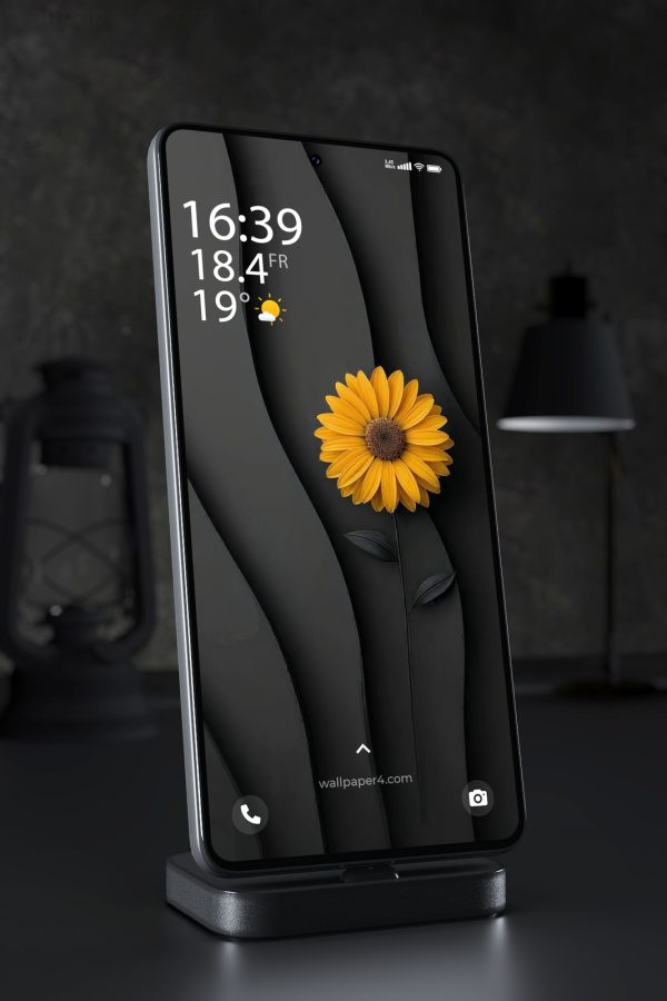 Mobile Wallpaper 4787 - Yellow Sunflower on Dark Abstract Black Waves