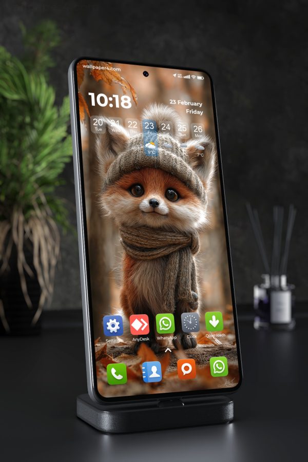 Phone Wallpaper 4815 - Cute Autumn Fox in Cozy Knitted Hat and Scarf