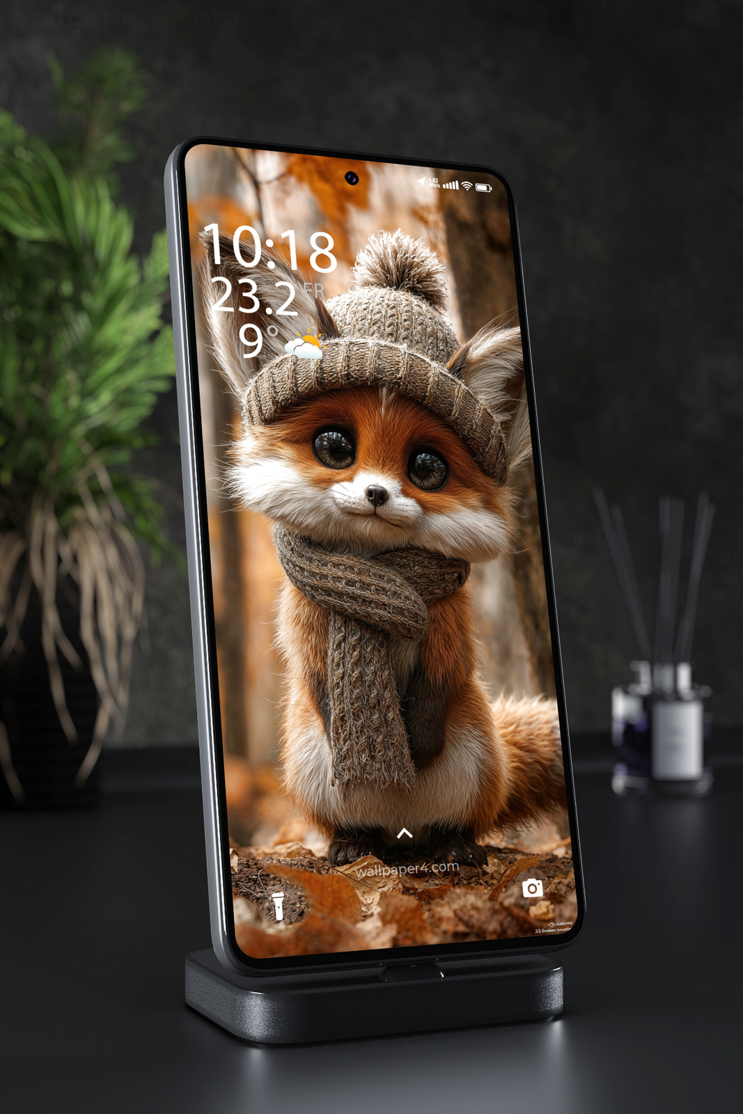 Mobile Wallpaper 4815 - Cute Autumn Fox in Cozy Knitted Hat and Scarf