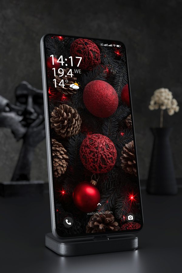 Phone Wallpaper 4820 - Dark Red Christmas Ornaments and Pine Cones