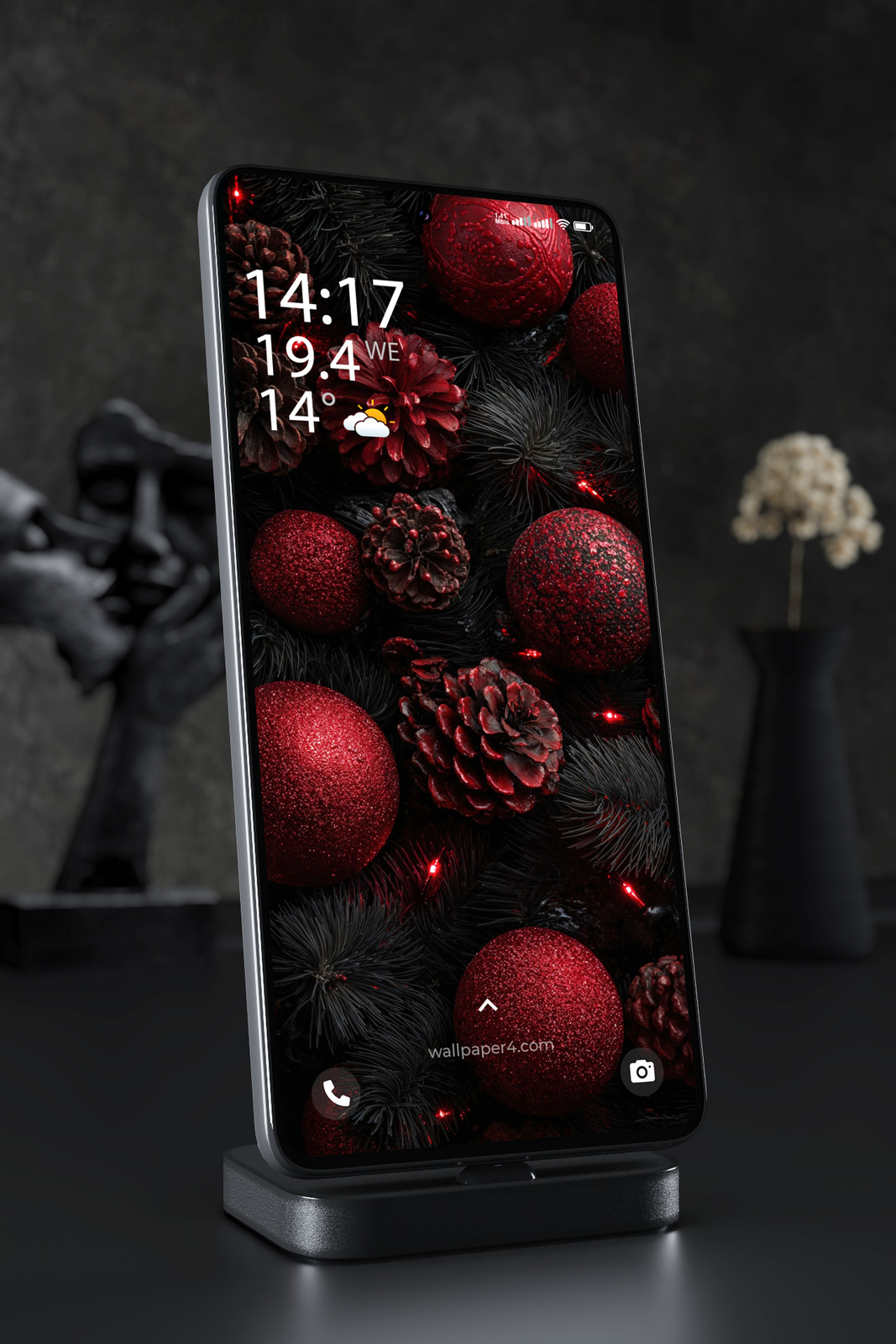 Mobile Wallpaper 4820 - Dark Red Christmas Ornaments and Pine Cones
